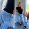 Helesinised skinny stretch teksapüksid naistele - kulutatud disain
