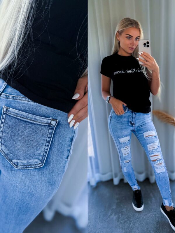 Helesinised skinny stretch teksapüksid naistele - kulutatud disain